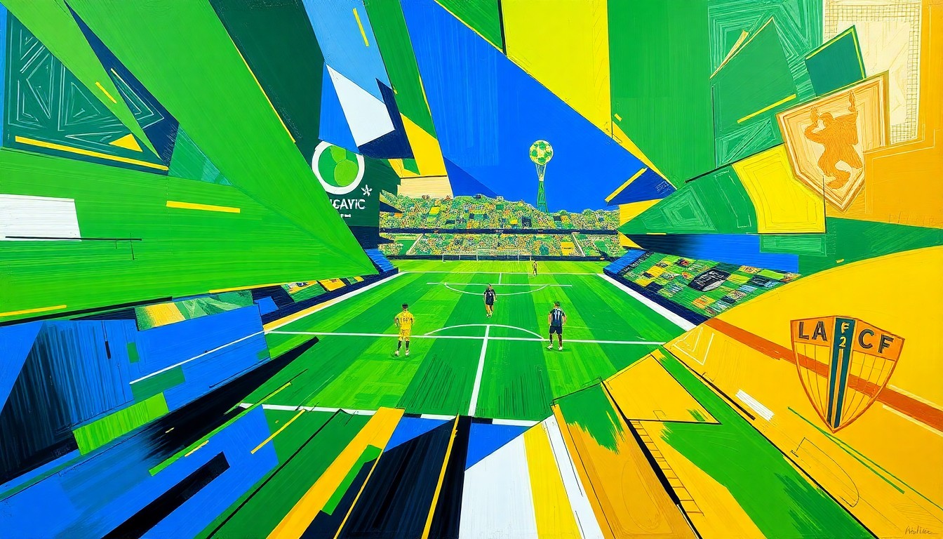 A cubist, geometric painting depicting the fast-paced action of a soccer match, with overlapping planes of vibrant colors representing the players and movement on the field.