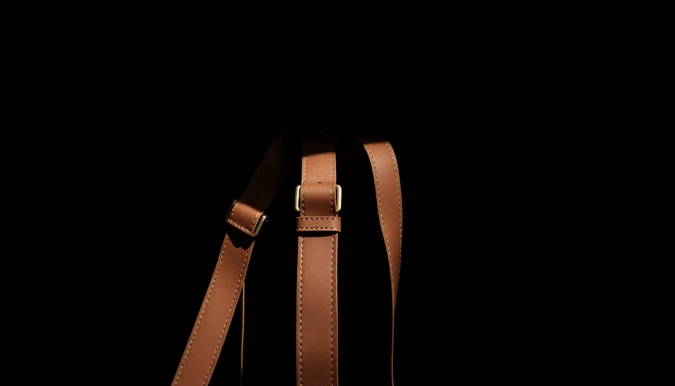 An extreme close-up photograph of a set of leather straps against a pitch-black background, lit by a harsh, direct camera flash. The straps conceptually represent the abduction tools used by the FedEx driver in this crime.