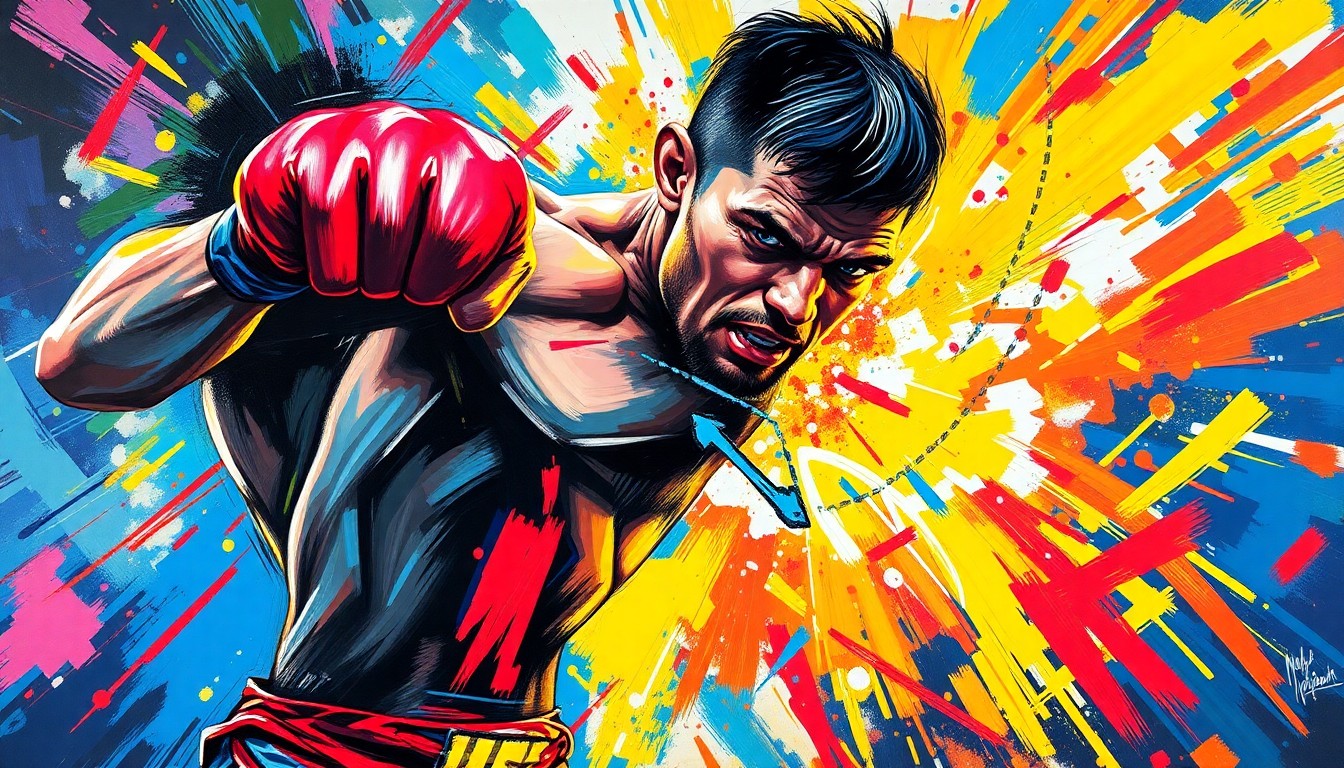 An abstract, expressionist painting in neon colors depicting the intense motion and energy of a UFC fighter throwing a punch, with the fighter's face and details obscured in the vibrant brushstrokes.