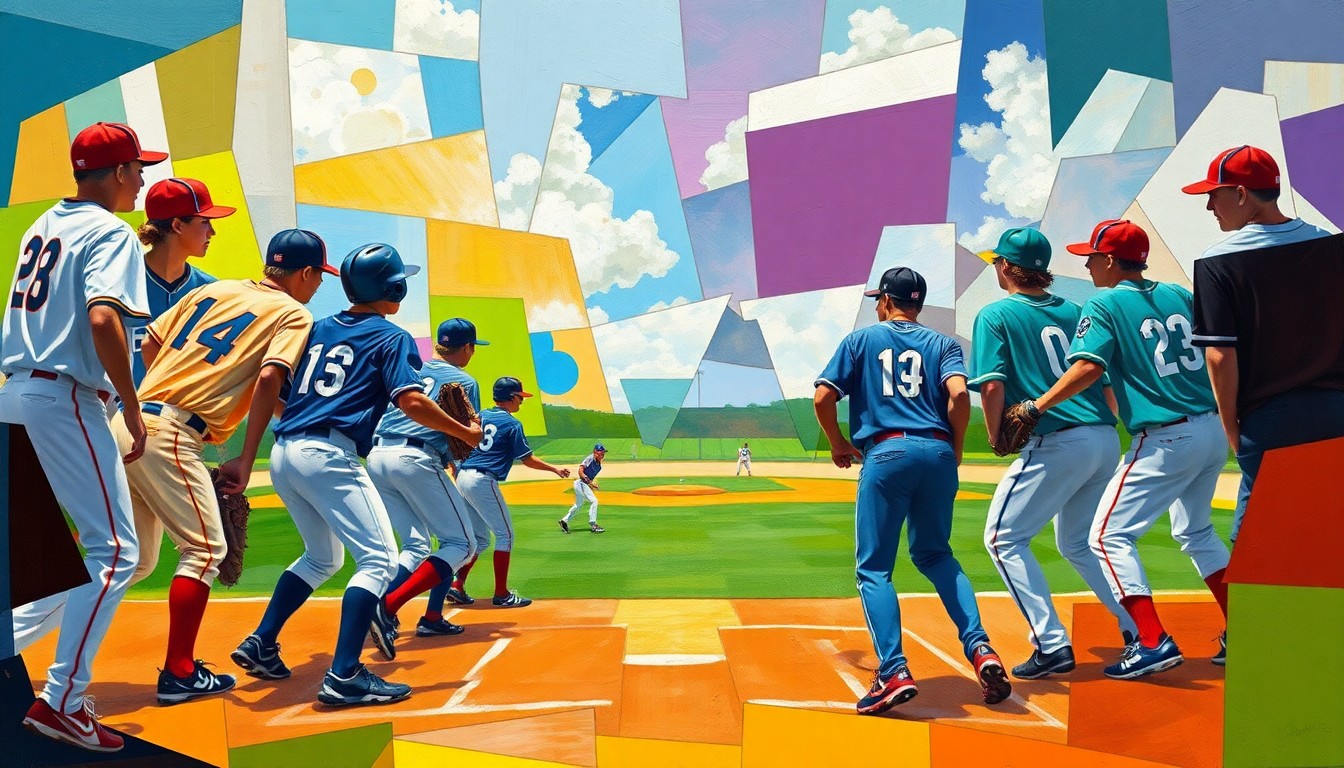 A fragmented, geometric painting in bold colors depicting the overlapping movements and perspectives of a high school baseball or softball game.