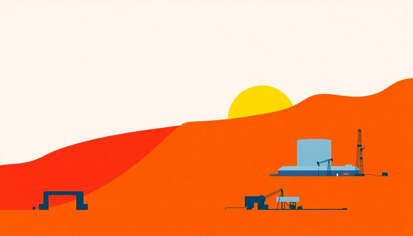 A minimalist illustration composed of overlapping geometric shapes in shades of blue, green, and orange, conceptually representing the vast scale and efficient infrastructure of the Permian Basin's oil production that has stabilized US energy supply.