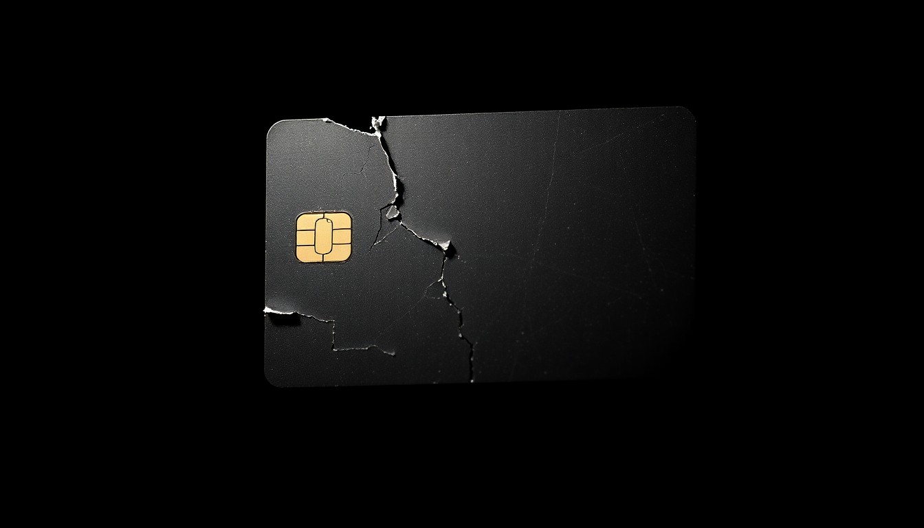 An extreme close-up photograph of a cracked and damaged credit card, conceptually illustrating the impact of identity theft.