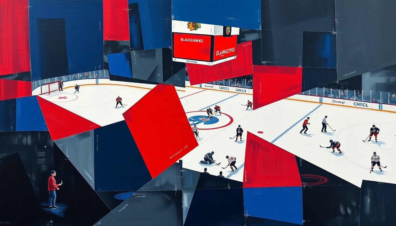 A fragmented, geometric painting in navy, red, and white tones, depicting the dynamic movements and overlapping perspectives of a Blackhawks hockey game, conveying the promise and potential of the team's young defensive unit.