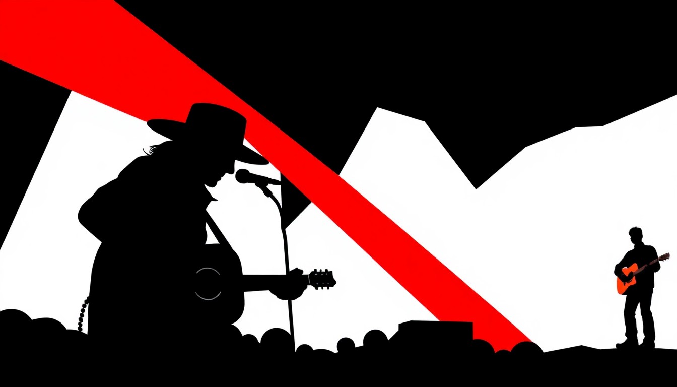 An abstract, minimalist composition featuring stark black silhouettes of a guitar and microphone against a bold red background, conceptually representing the breakthrough of an aspiring country music artist.