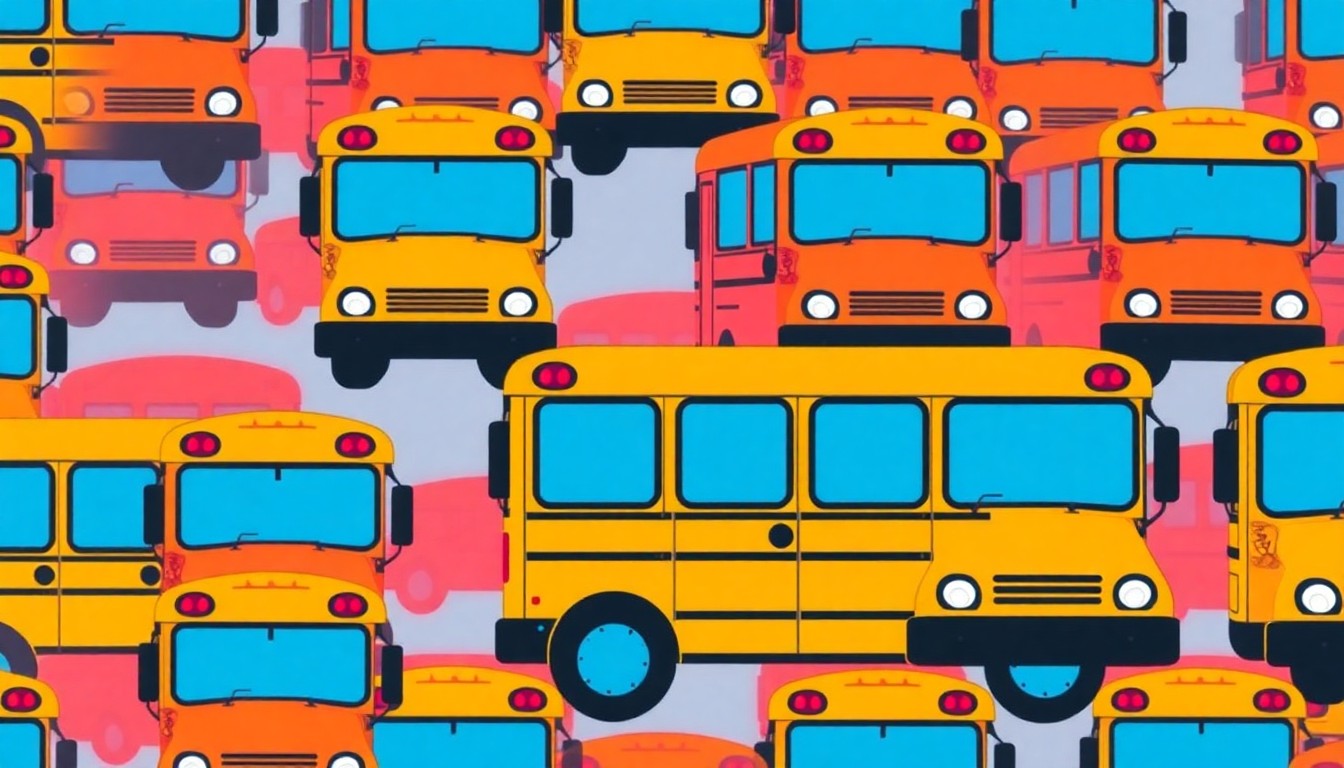 A brightly colored, high-contrast silkscreen print of a school bus icon repeated in a tight grid pattern, utilizing flat, vibrant, and unnatural neon color palettes overlapping with heavy black photographic outlines to conceptually represent the importance of student transportation in the school district's budget process.
