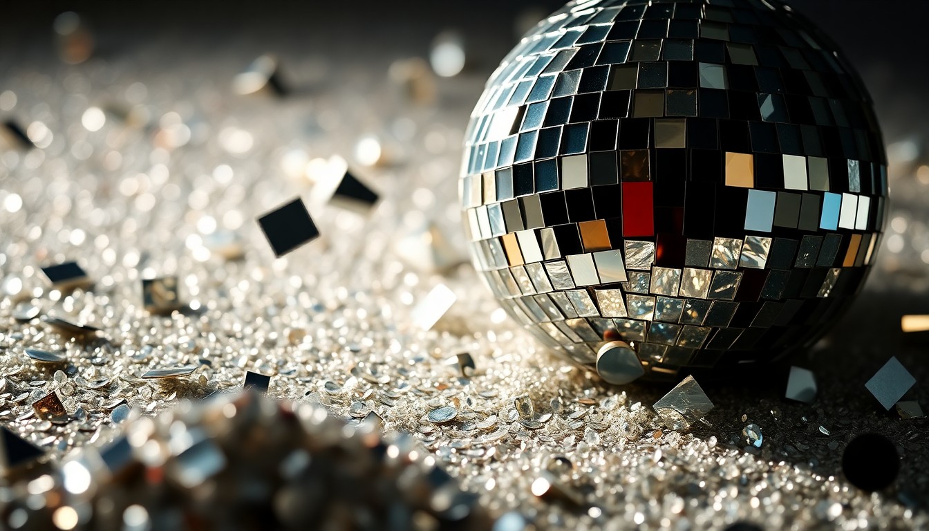 An extreme, abstract close-up photograph of shimmering sequins and glittering disco ball fragments in dramatic, high-contrast studio lighting, conceptually representing the glamour and celebrity culture of reality TV.