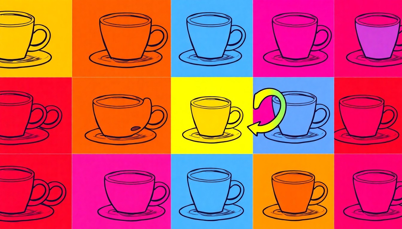 A brightly colored, high-contrast silkscreen print of a single, iconic restaurant item such as a coffee cup or plate of food, repeated in a tight grid pattern, conceptually representing the operational pressures facing local eateries.