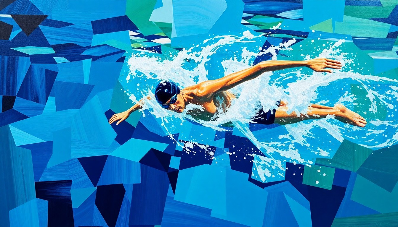 A cubist-inspired painting depicting a swimmer's motion broken down into sharp, overlapping geometric shapes in a color palette of deep blues, greens, and splashes of white, conveying the dynamic energy and potential of a rising swimming star.