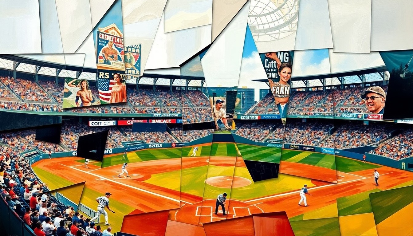 A fragmented, geometric painting in the style of Pablo Picasso, depicting the motion and intensity of a baseball game through overlapping shapes and planes of color, without any recognizable figures or details.