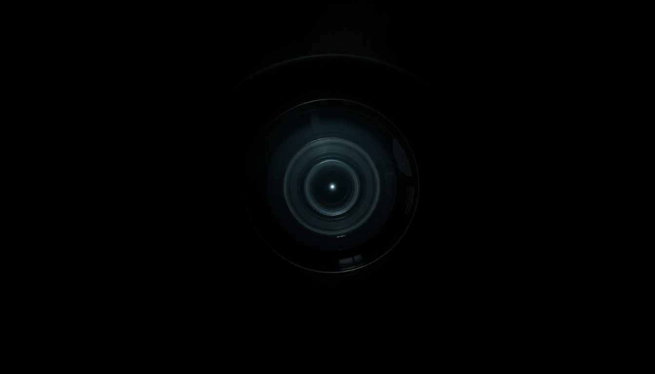 An extreme close-up photograph of a school security camera lens, the harsh flash illuminating the intricate details of the lens against a pitch-black background, conceptually representing the investigative response to a school security threat.