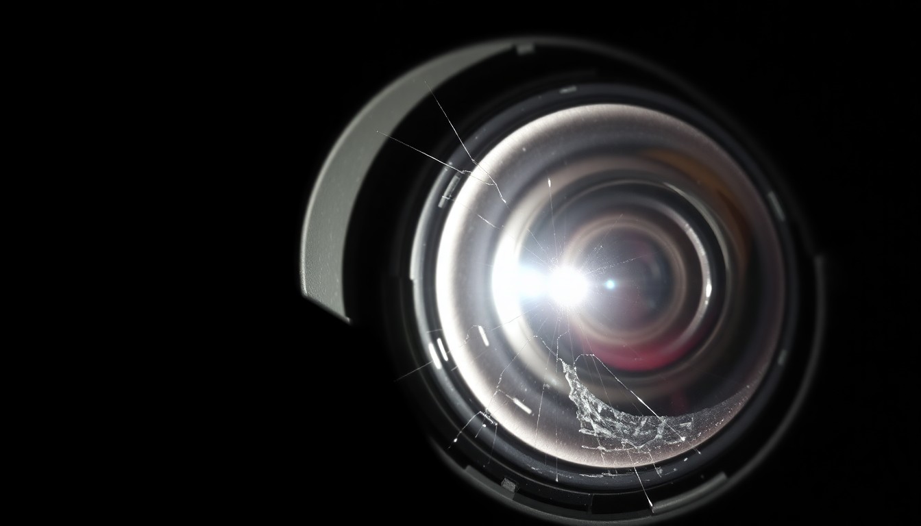 An extreme close-up photograph of a broken security camera lens reflecting a harsh, direct camera flash against a pitch-black background, conceptually representing the investigation into rising property crime in Tooele.