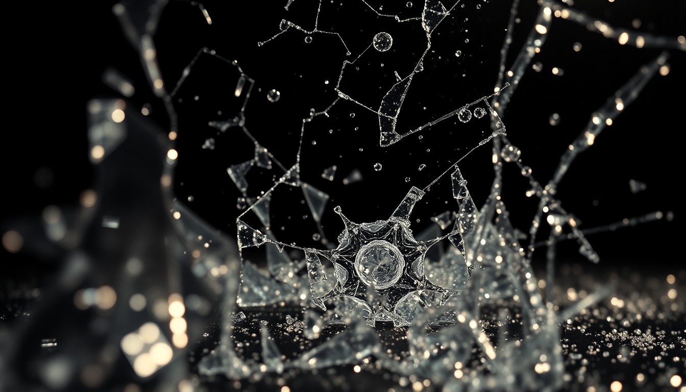 An abstract close-up image featuring shattered glass and glittering sequins, captured in dramatic high-contrast lighting to convey the gritty glamour and dangerous ambition at the heart of the Peaky Blinders saga.