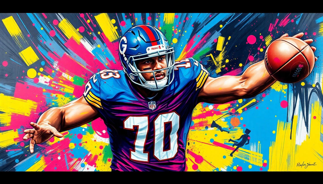 An abstract, expressionist painting featuring bold, neon-colored brushstrokes that capture the dynamic energy and movement of a football player making a catch, with faces and logos blurred into the background.