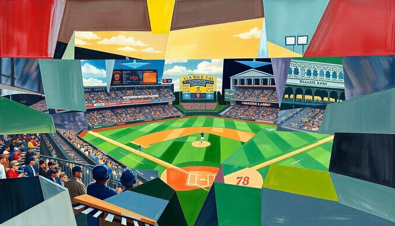 A cubist-style painting featuring overlapping geometric shapes and planes in shades of blue, red, and green, representing the action and intensity of a college baseball game.