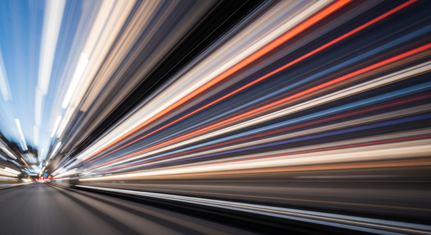 An abstract, colorful image with sweeping, blurred lines representing the motion of vehicles on a highway, conveying the sense of speed and chaos of traffic.