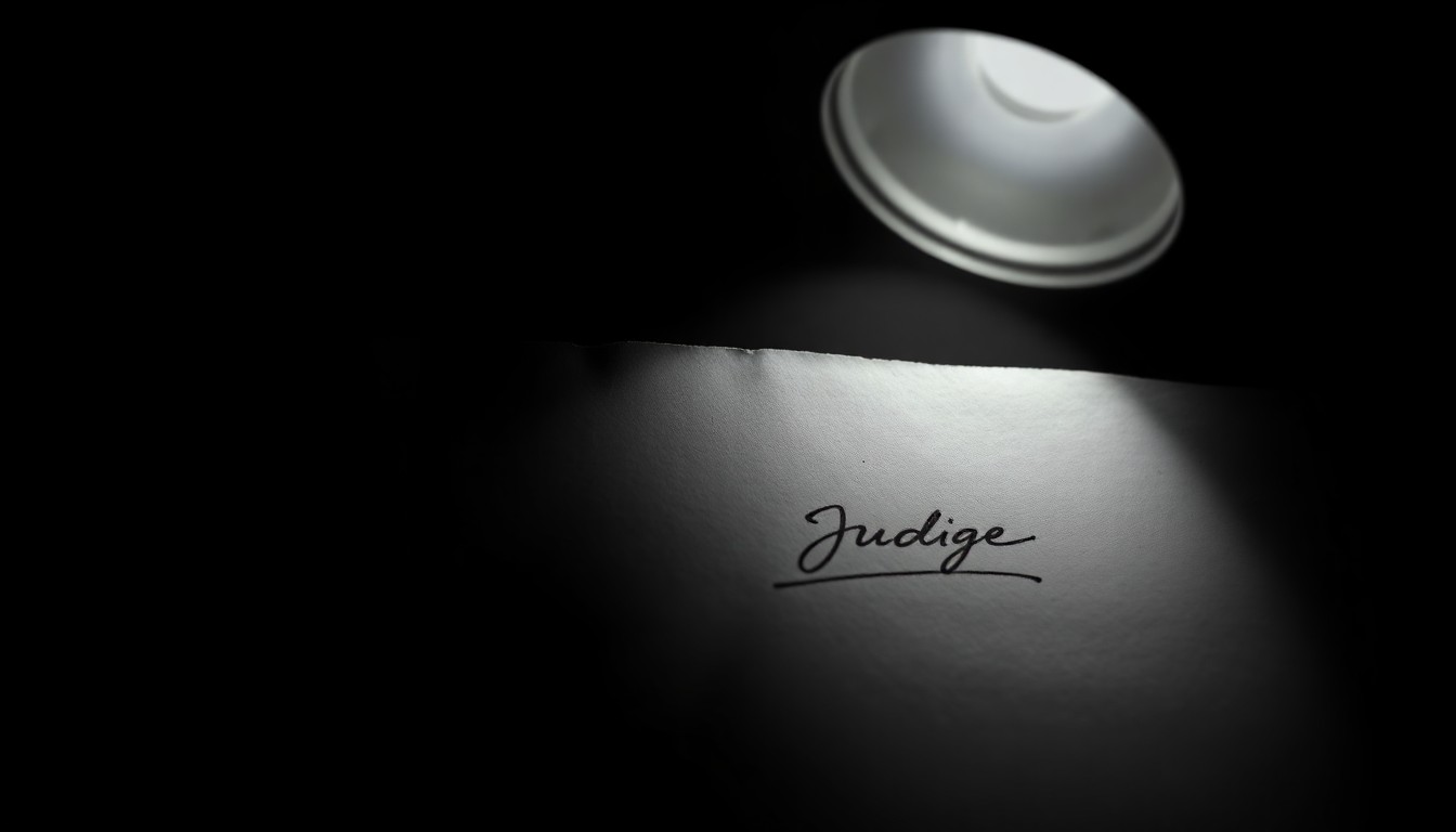 An extreme close-up photograph of a forged document with a judge's signature stamp, lit by a harsh, direct camera flash against a pitch-black background, conveying a stark, gritty, investigative aesthetic.