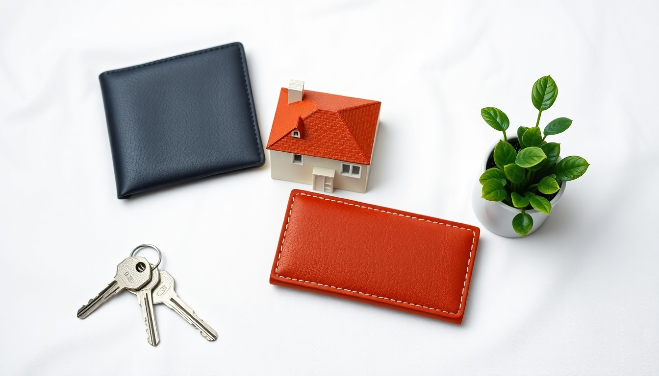 A photorealistic studio still life featuring a set of house keys, a wallet, and a small potted plant arranged elegantly on a clean, white background, conceptually representing the transitional housing program's focus on providing the resources and environment for personal growth and stability.
