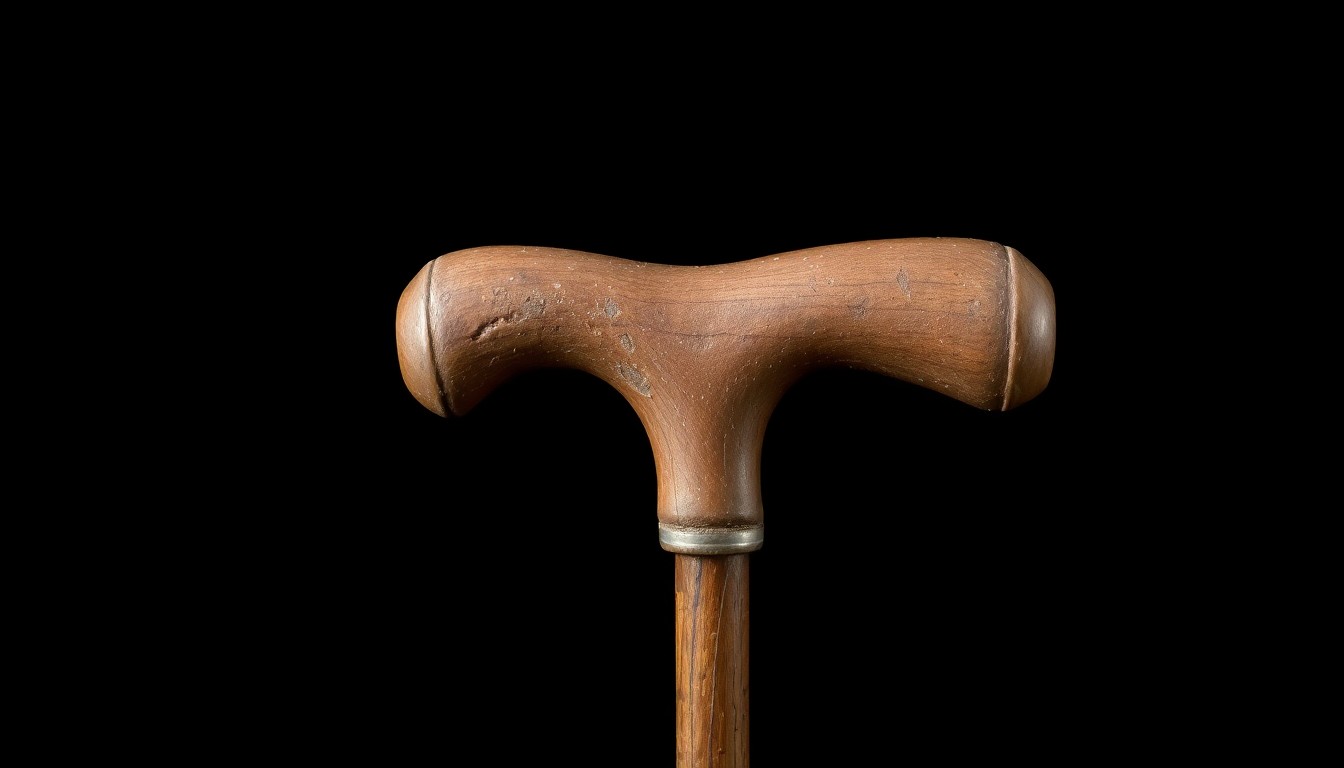 An extreme close-up photograph of a worn, weathered walking cane against a pitch-black background, lit by a harsh, direct camera flash, conceptually representing the fragility and vulnerability of the elderly.