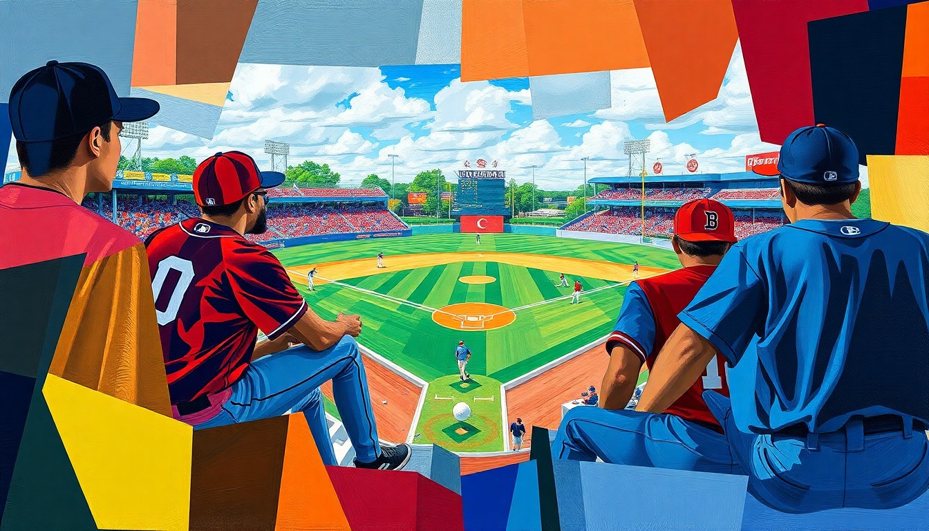 A fragmented, cubist-style painting depicting the action of a high school baseball game, with the players and field broken down into sharp, overlapping geometric shapes and planes in a vibrant color palette.
