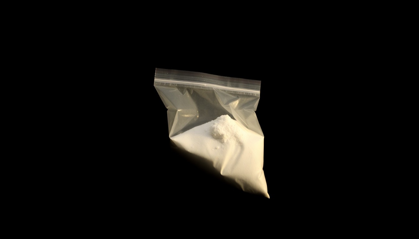 An extreme close-up photograph of a small plastic bag containing a white powdery substance, conceptually representing the illegal drugs seized in this law enforcement operation.