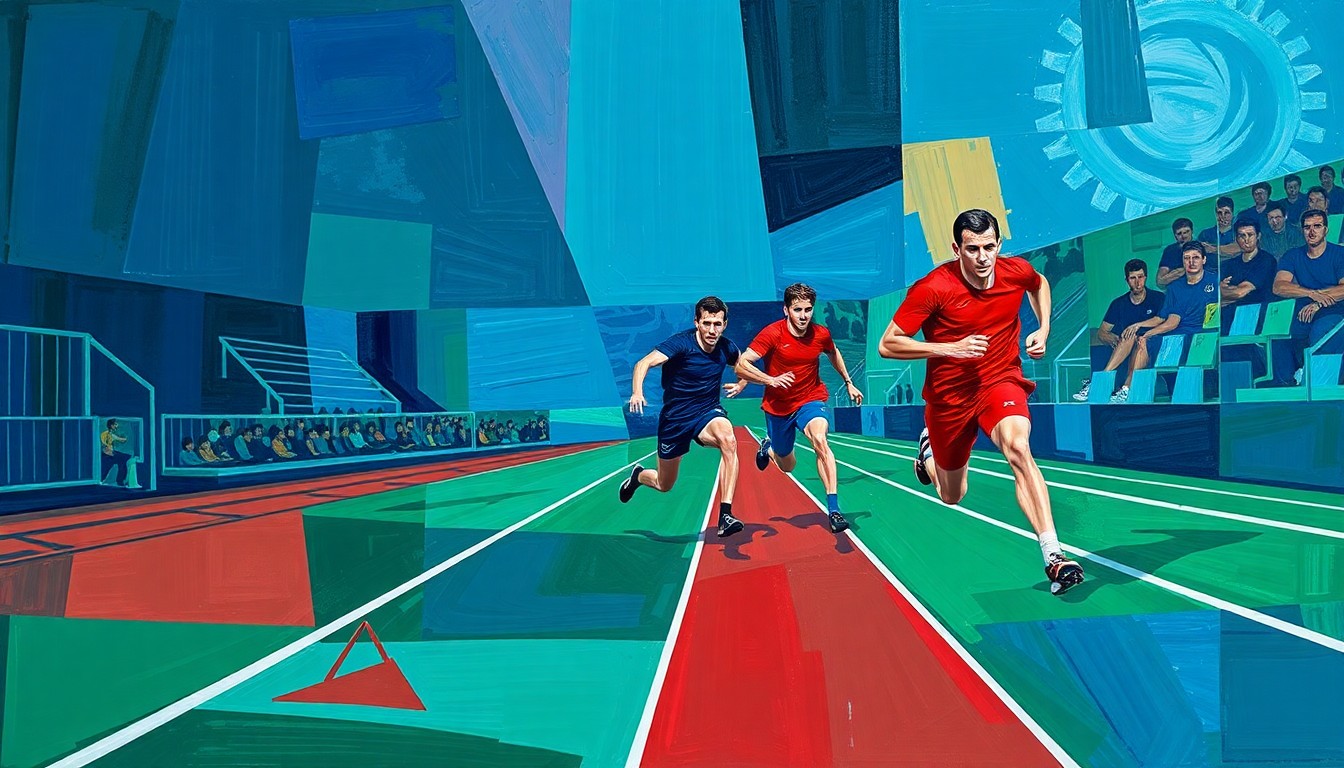 A cubist, geometric painting depicting a track and field competition, with overlapping planes of color and movement capturing the energy and intensity of the event.