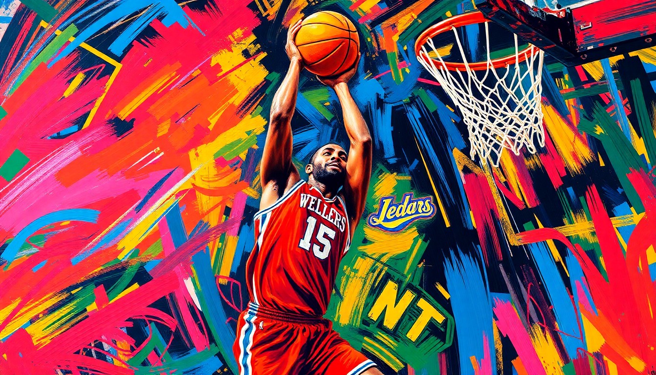 An abstract, energetic painting featuring bold, neon-colored brushstrokes that capture the dynamic movement and intensity of a basketball player in action, conceptually representing the drive and determination of rising star Angel Reese.