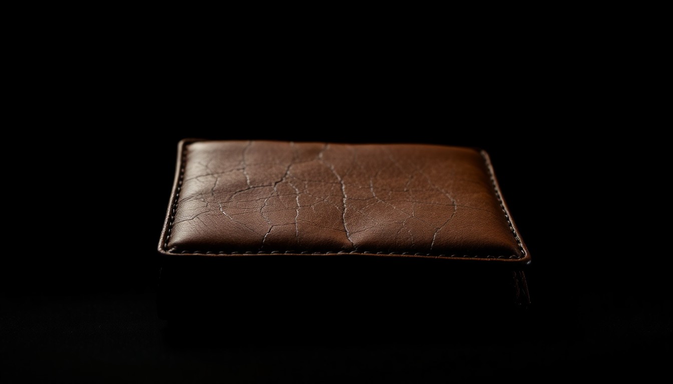 An extreme close-up photograph of a worn, cracked leather wallet against a pitch-black background, lit by a harsh, direct camera flash, conceptually representing the personal effects of a missing person.