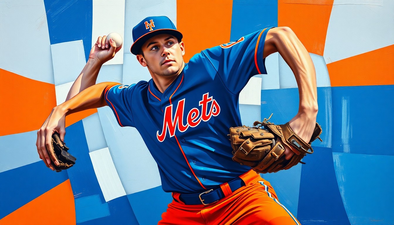 A fragmented, geometric painting depicting the motion of a baseball pitcher's delivery, with sharp planes of blue and orange representing the Mets' colors, conveying the conceptual idea of a veteran player's last shot at reviving his career.