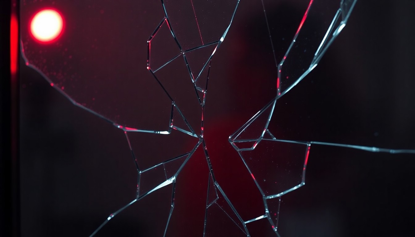 An abstract close-up image of shattered glass reflecting a faint red light, conveying a sense of fragility and uncertainty surrounding a relationship tested by the pressures of reality television.