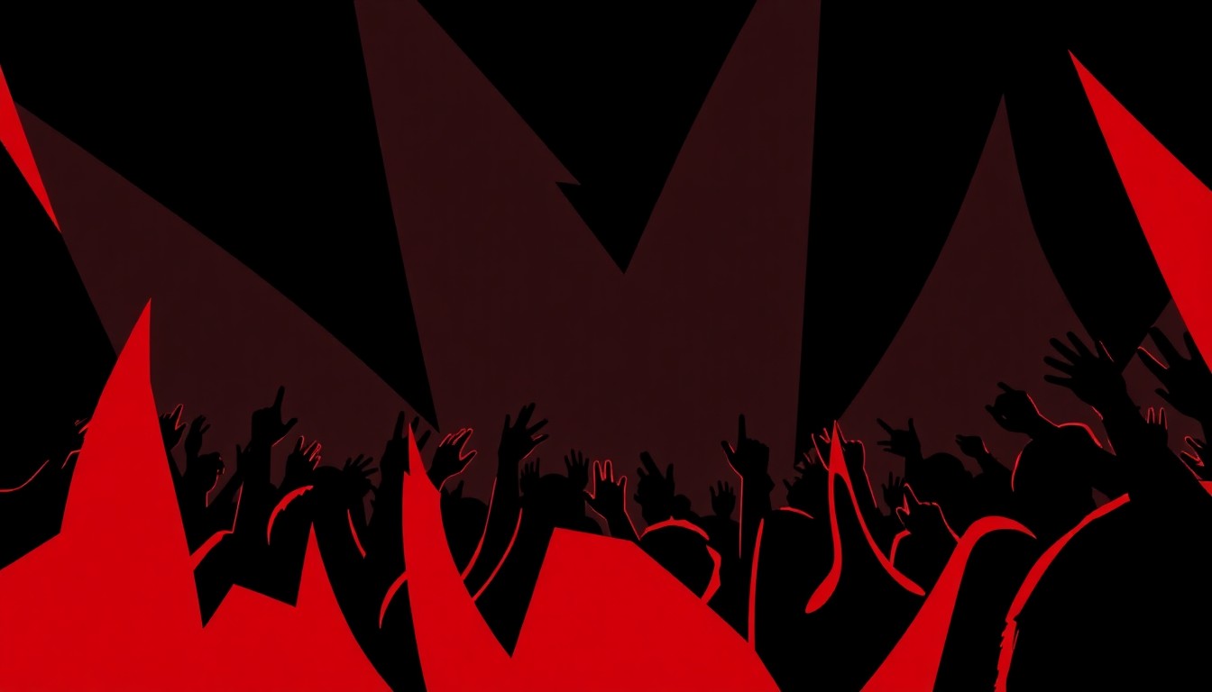 A dynamic, abstract composition of bold, angular black shapes against a vibrant red background, capturing the high-energy spirit of a live rap performance.