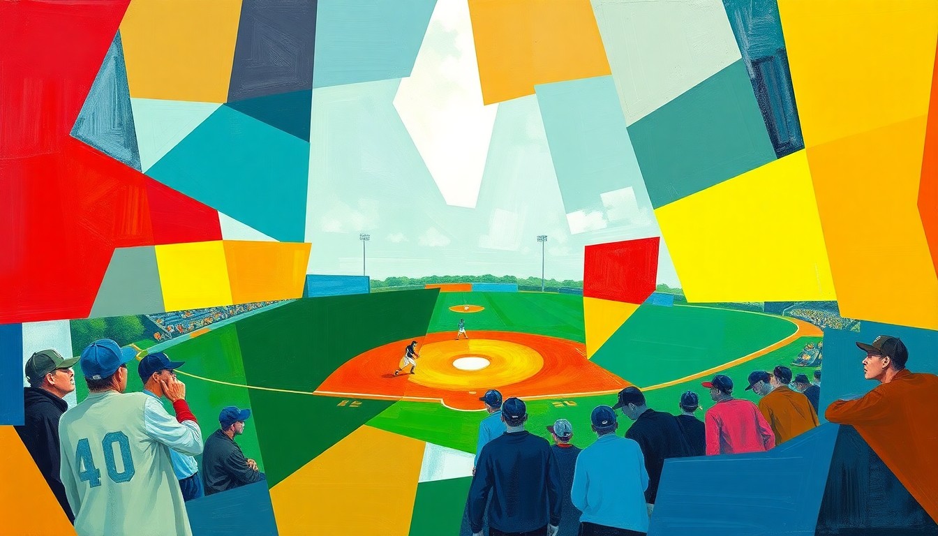 A fractured, multi-perspective painting in a cubist style, breaking down a high school sports scene into sharp, overlapping geometric planes in vibrant team colors, conceptually representing the excitement and energy of the winning streaks.