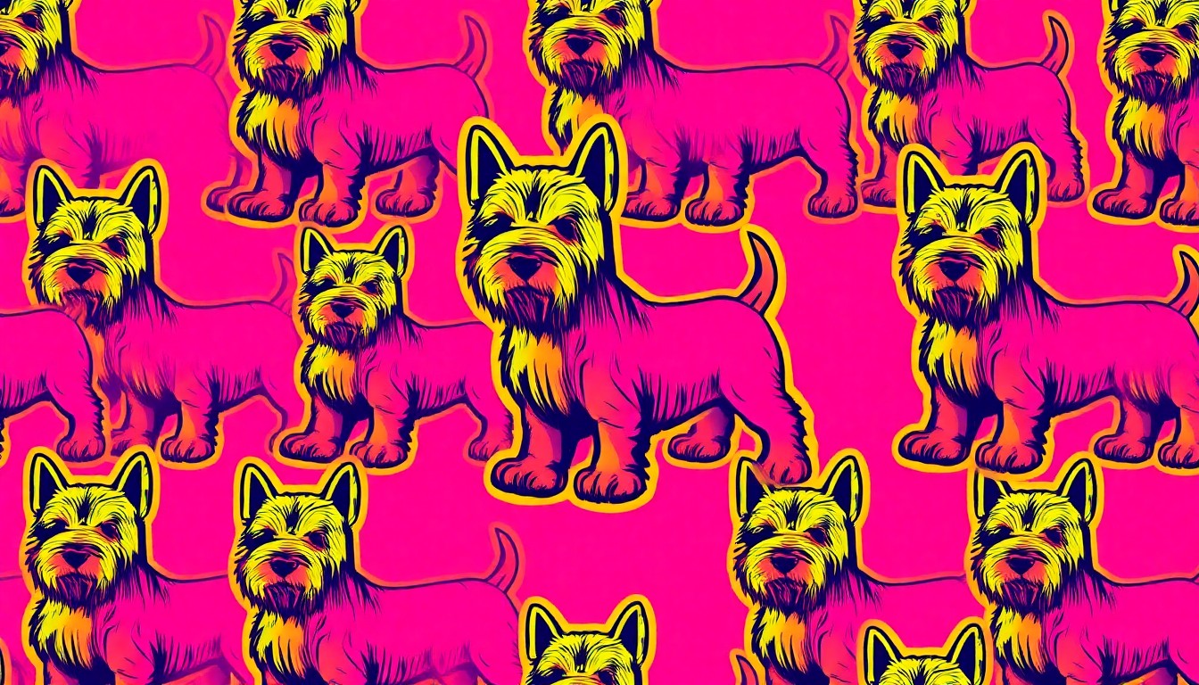 A brightly colored, high-contrast silkscreen print of a single, iconic Scottie dog figure made of Walker's Shortbread, repeated in a tight grid pattern against a vibrant neon color background, conceptually representing the brand's activation at the Tartan Day Parade.