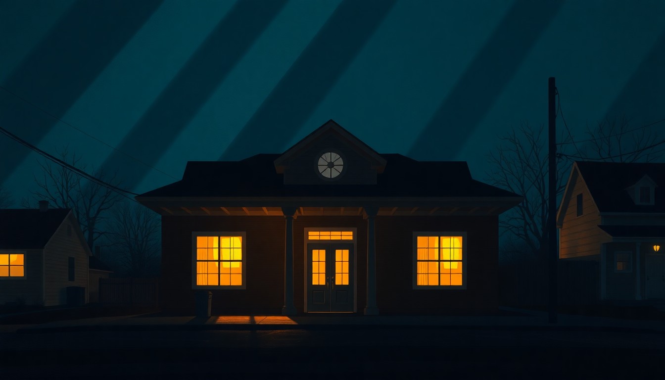 A warm, cinematic painting of a small-town community center or town hall building, with the facade bathed in diagonal sunlight and deep shadows, conceptually representing the importance of local civic engagement.