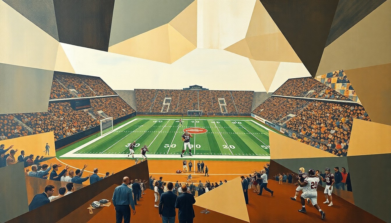 A cubist, geometric painting depicting a fragmented football game, with angular shapes and muted earth tones representing the players, field, and stadium.