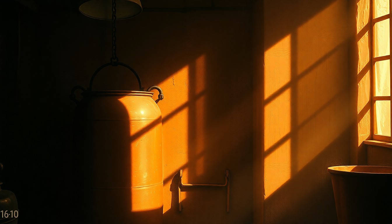 A realistic oil painting depicting an old copper pot still sitting on a wooden table, the vessel's surface reflecting warm, golden light from a nearby window. The scene has a nostalgic, cinematic quality, evoking a sense of history and craftsmanship.