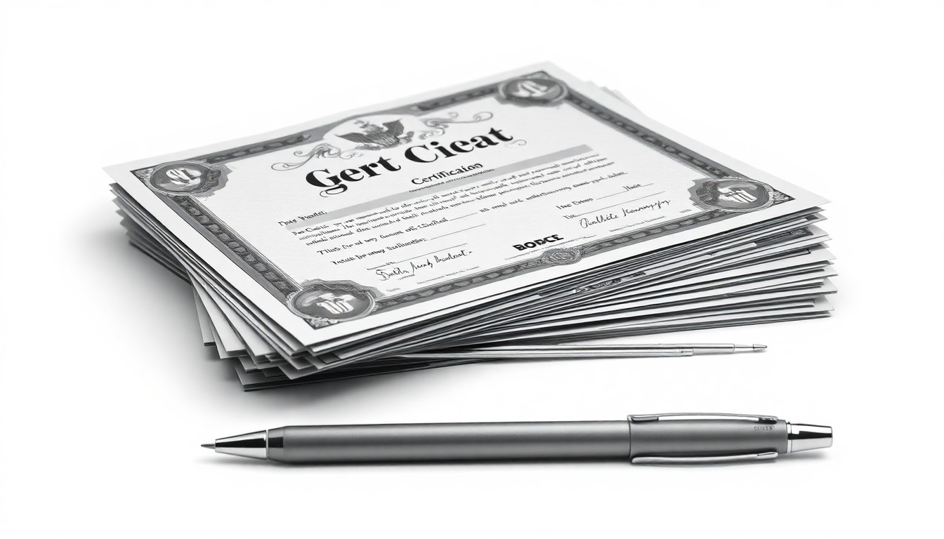 A minimalist, high-contrast studio photograph featuring a stack of metallic stock certificates and a modern pen, conveying the concept of executive compensation and corporate equity awards.