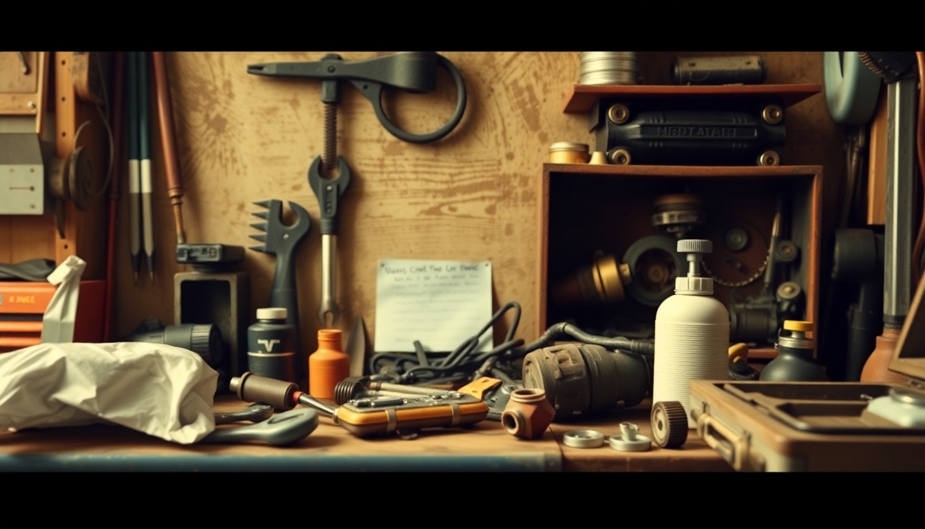 An abstract, out-of-focus photograph in warm, muted tones depicting a collection of automotive tools and parts, conveying a sense of nostalgia and the passing of time.
