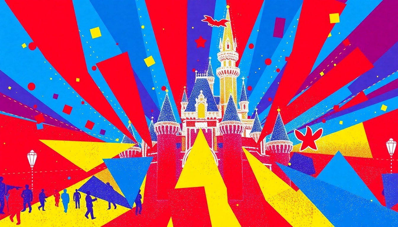 A dynamic, abstract composition of jagged, overlapping geometric shapes in bright primary colors, evoking the energy and movement of a Disney parade.