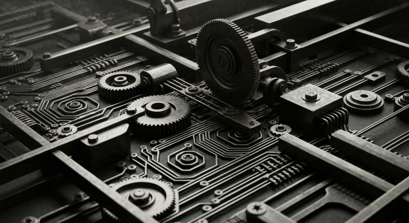 An extreme close-up of intricate, industrial-looking financial machinery and mechanisms, representing the complex infrastructure underlying real estate investing.