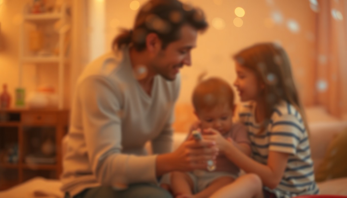 An extremely abstracted, out-of-focus photograph in warm, soft colors depicting a blurred scene of a parent and child playing together, conveying an intimate, atmospheric mood of inclusion and support.
