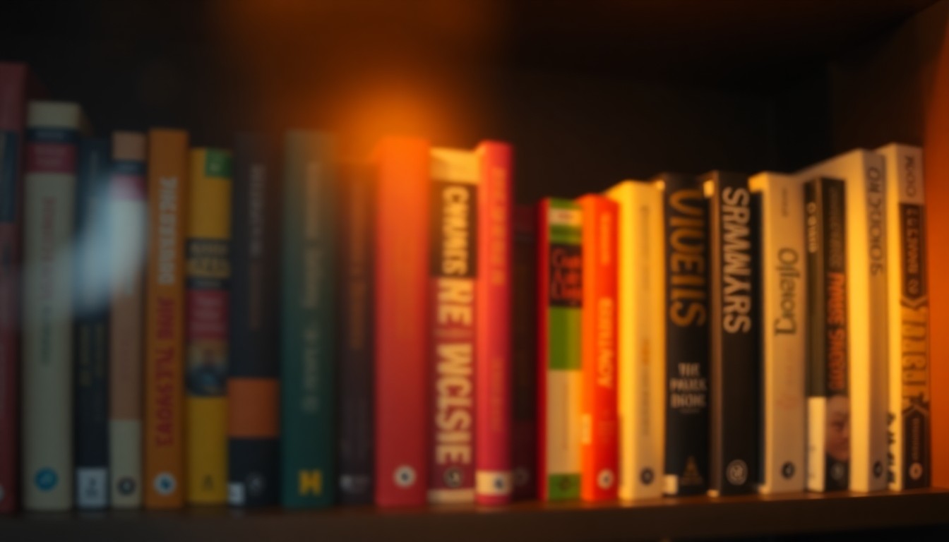 An extremely abstracted, out-of-focus photograph of a bookshelf filled with colorful book spines, surrounded by a soft, warm light wash that creates an intimate, dreamlike atmosphere.