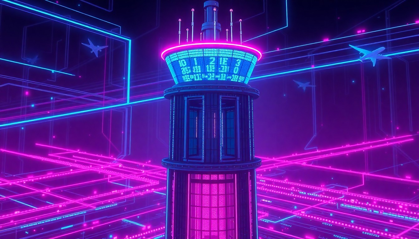 A highly detailed, glowing 3D illustration of a futuristic air traffic control tower, with neon cyan and magenta lights illuminating the complex digital infrastructure. The tower is surrounded by a network of glowing fiber-optic cables and pulsing data streams, conceptually representing the technological backbone of modern air traffic management.
