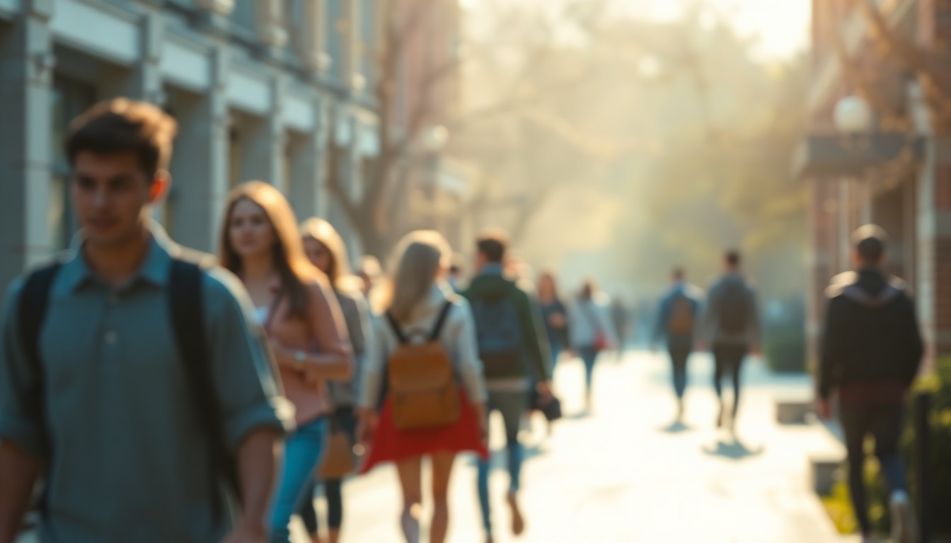 An abstract, impressionistic scene of blurred figures moving through a university campus, with soft, warm light and color creating a sense of motion and energy.