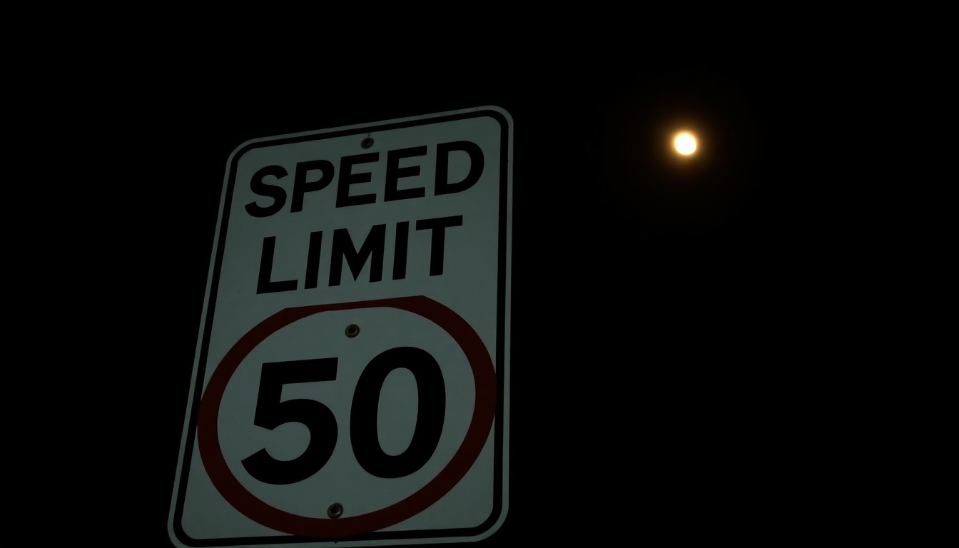 An extreme close-up photograph of a speed limit sign in a school zone, the sign's reflective surface creating a dramatic, moody effect under harsh lighting.