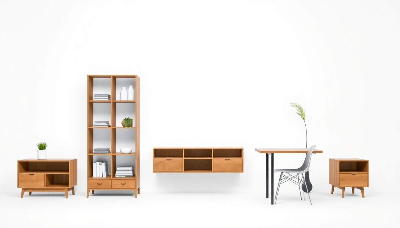 A high-end, photorealistic studio still-life photograph featuring a clean, modern IKEA furniture piece such as a sleek bookshelf or minimalist dining table, arranged elegantly on a crisp white seamless background with dramatic lighting and deep shadows.