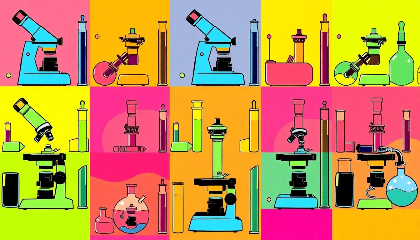 A vibrant, high-contrast silkscreen print featuring a grid of scientific equipment like microscopes, test tubes, and beakers in neon colors, conceptually representing the hands-on STEM activities at the Girls in Science Day event.
