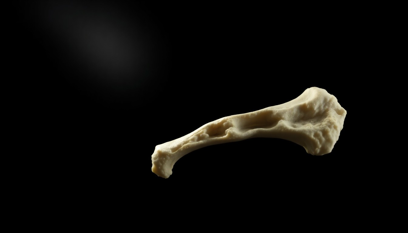 An extreme close-up photograph of a single bone fragment or piece of skeletal evidence, the harsh flash lighting creating a stark, dramatic, and investigative aesthetic.