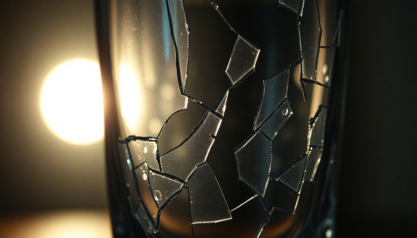 An abstract close-up photograph of the shattered, reflective surface of a glass tumbler, conveying a sense of fragility and loss through dramatic lighting and texture.