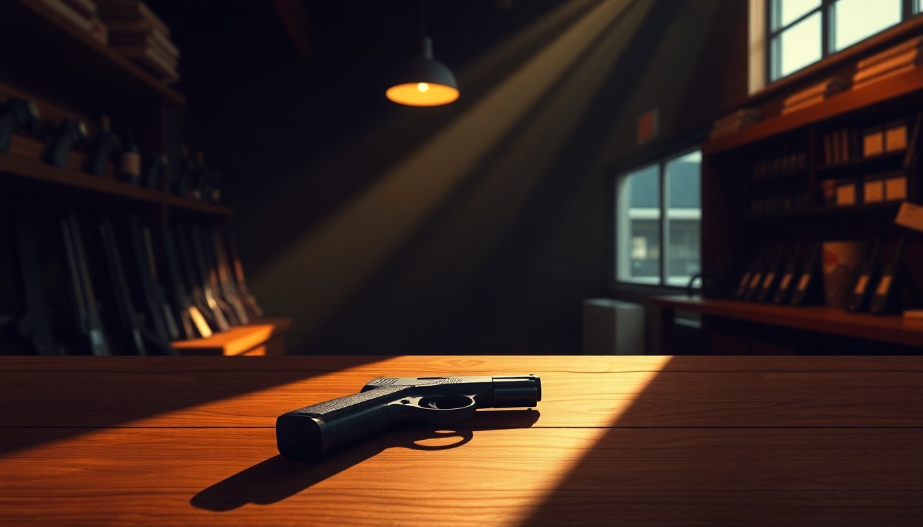 A close-up view of a handgun resting on a wooden counter in a dimly lit gun shop, with warm, diagonal sunlight and deep shadows creating a cinematic, nostalgic mood.