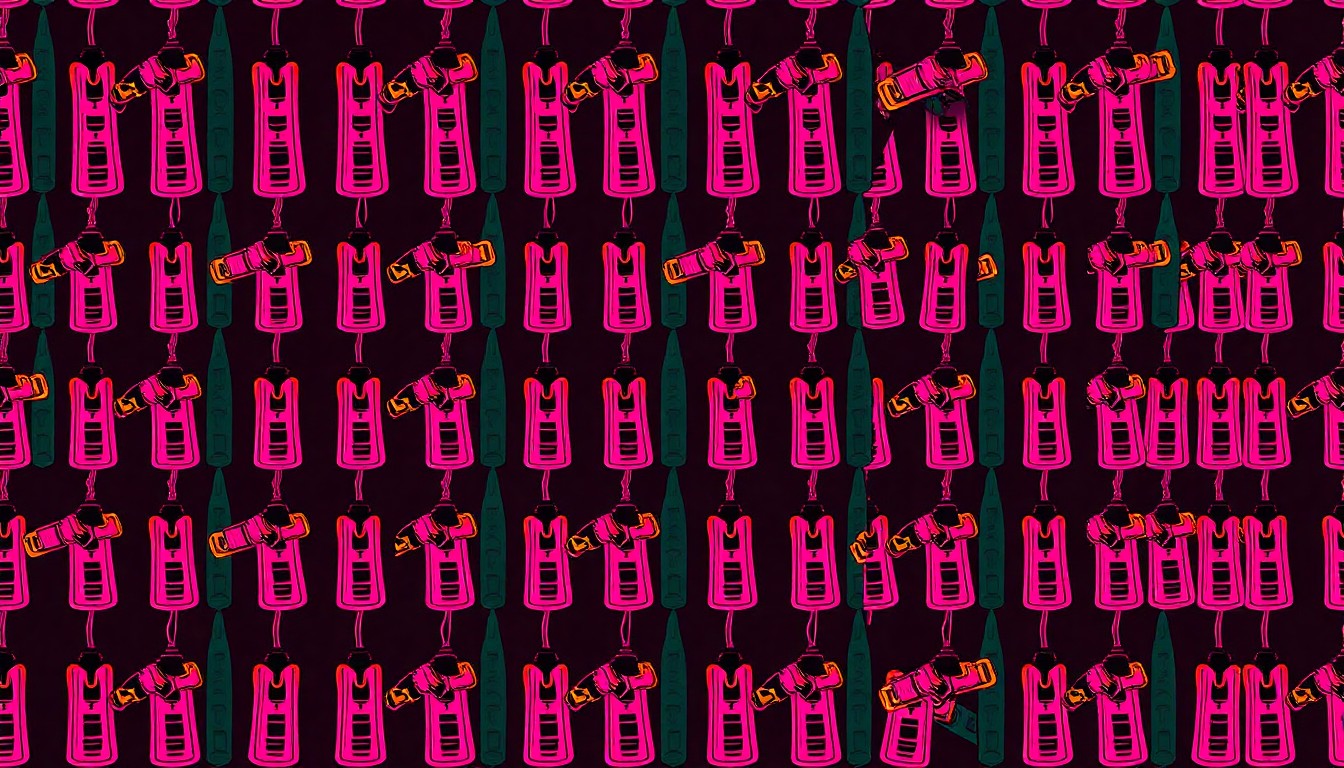 A bold, pop art-inspired illustration featuring a single Kung Fu nunchuck icon repeated in a grid pattern, rendered in a high-contrast, neon color palette to capture the dynamic fusion of martial arts and language learning.